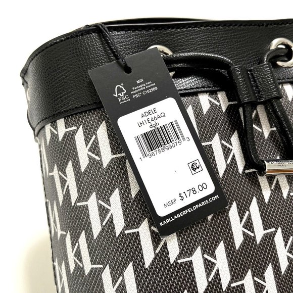 Karl Lagerfeld Paris Adele Logo Monogram Bucket Bag Black Gray Crossbody NWT - Picture 7 of 12